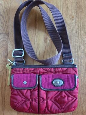 Fossil Quilted Red Key-Per Crossbody with Brown Strap